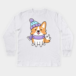 Winter corgi dog Kids Long Sleeve T-Shirt